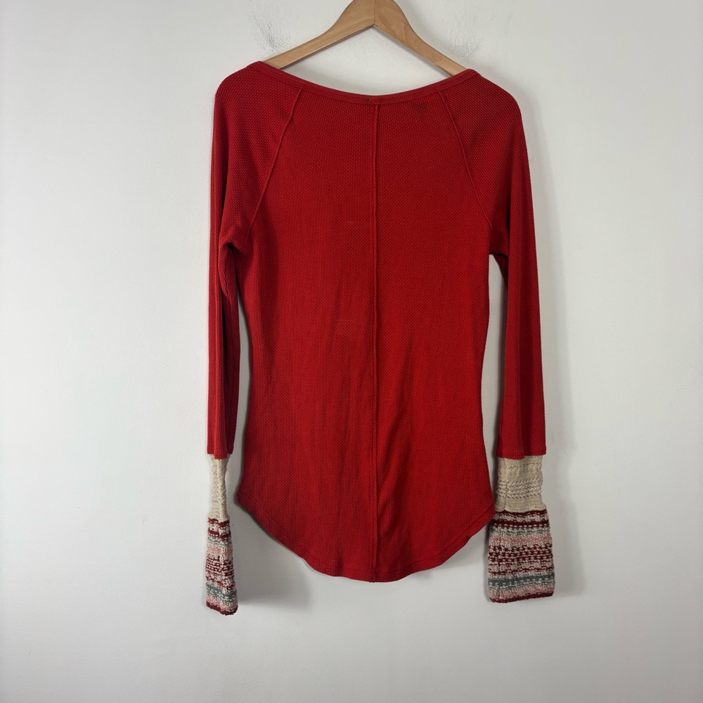 Free People Ski Lodge Cuff Thermal Womens L Henley Button Orange Alpine Boho - Picture 6 of 7